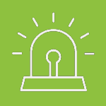 Image Description: A bright green box with a white line item illustration of an alert/emergency light.