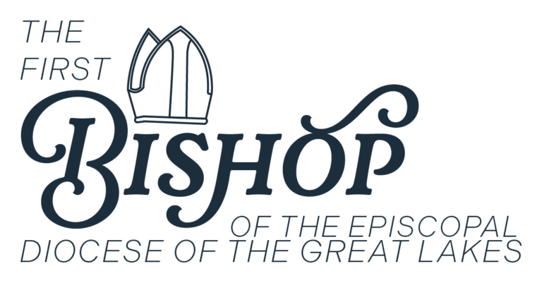 The image reads: "The First Bishop of the Episcopal Diocese of the Great Lakes." The word "Bishop" is in the same highly stylized, all-caps serif font that includes flourishes that are reminiscent of illustrations of waves - like waves on the Great Lakes - that is used in the diocese's wordmark. The rest of the text is in an italicized, all caps, sans serif font. The italicization and the shape of the more stylized text give the graphic a feeling of forward motion. Above the "IS" in "Bishop," the illustration of a mitre from our diocesan seal sits.