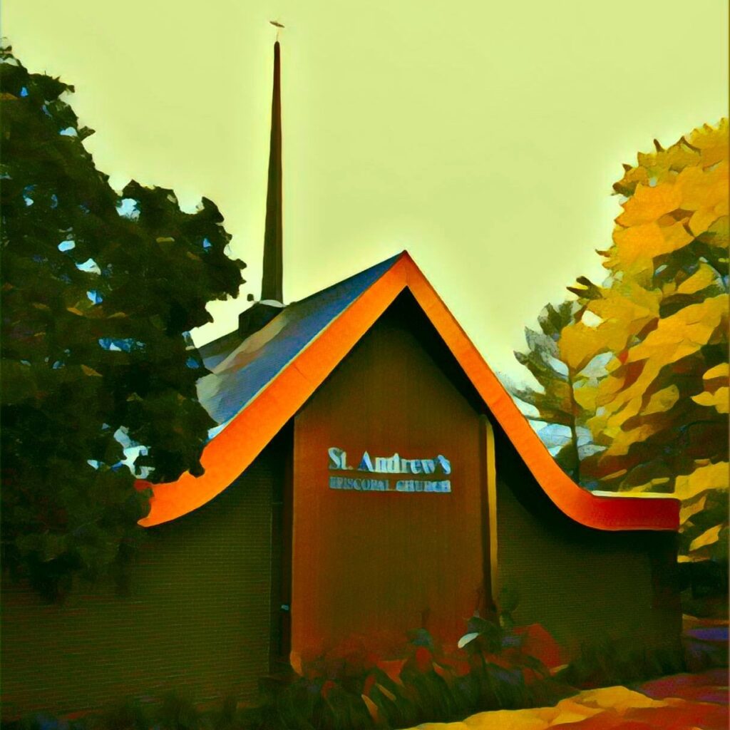 Image Description: A impressionist-style edit of a photo of the exterior of St. Andrew's Episcopal Church from the perspective of the road. 