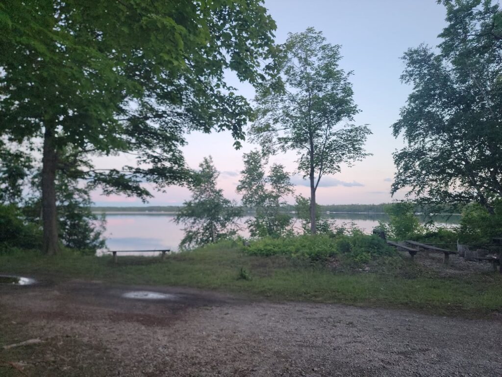 Image Description: Lake Esau at sunrise from the top of the small hill that meets the shore on its north side at Camp Chickagami. There are a few trees in the foreground and behind and through them, the still lake reflecting the cotton candy blues and pinks of the morning sky is visible. 