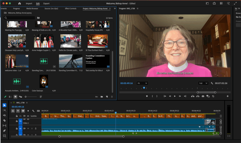 A screenshot of the video editing window from working to put together the video introducing Bishop Anne to our diocese. You see the monitor window with the video, the timeline window with the different  components - including captions - that come together to create the final product, the project bin window with the different files that are used in the timeline. 
