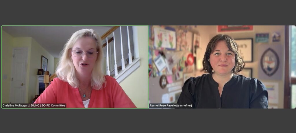 Image Description: A screen shot of a Zoom presentation. The person on the left is introducing Director of Communications, Rachel Rose Ravellette, before she presents about communicating with empathy to different audiences.