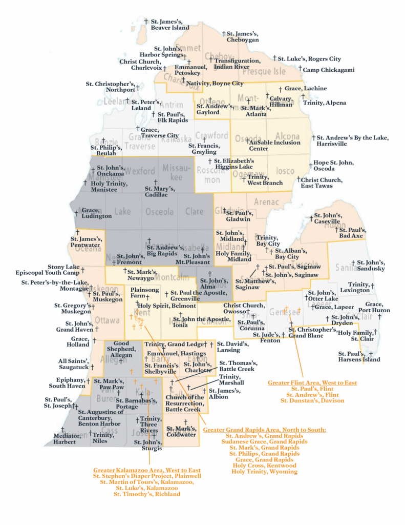 Image Description: The image is a map of the entirety of the Episcopal Diocese of the Great Lakes with all Episcopal entities - congregations, summer chapels, companion ministries, and programmatic organizations - labeled. The map is broken into 10 regions, color coded. The best source for the information displayed by the map is the Mission Region Structure PDF: https://greatlakesepiscopal.org/wp-content/uploads/2025/08/Mission-Region-Structure-July-2025.pdf