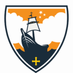 The shield for the Episcopal Diocese of the Great Lakes. Image features a two-sailed tall ship cutting boldly through dark waves against a sky with white fluffy clouds and three stars, one of which is larger than the other two. In the water below the ship is a cross. The shield is in the core colors of the diocese: Deep Well (a dark blue that's nearly black), Golden Hour (a bold orange), and Sun Washed (a rich light golden yellow).