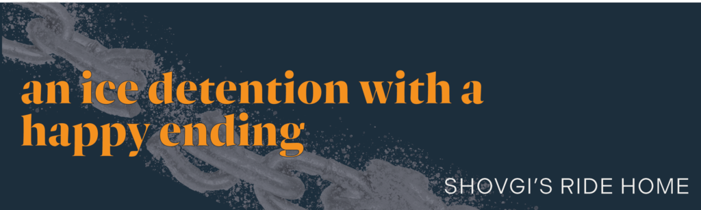 Image reads: "an ice detention with a happy ending" and "SHOVGI'S RIDE HOME"