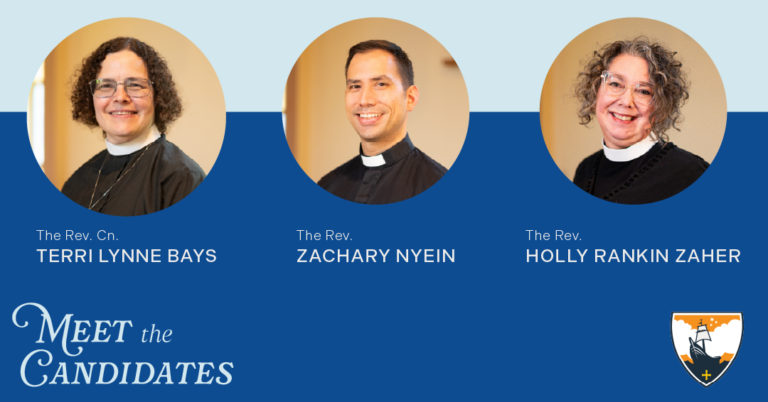 Three clergy candidates, each smiling and wearing clerical collars, are shown in circular portraits above their names: Terri Lynne Bays, Zachary Nyein, and Holly Rankin Zaher. The text reads, Meet the Candidates with a shield logo in the bottom right.