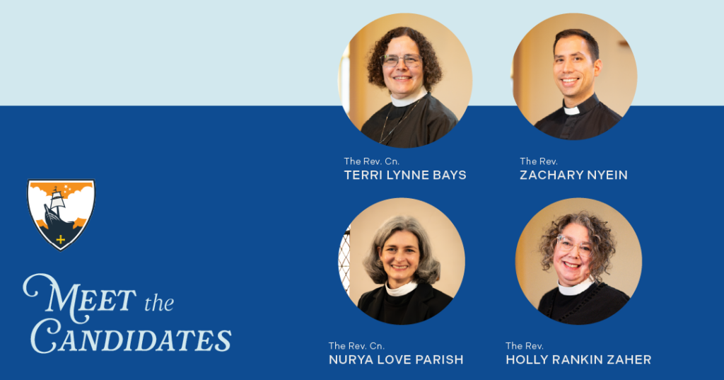 Image Description: A two-blue-toned color blocked background is behind the four headshots and names of the bishop candidates who are featured below. The image also includes the diocesan shield and reads "Meet the Candidates."